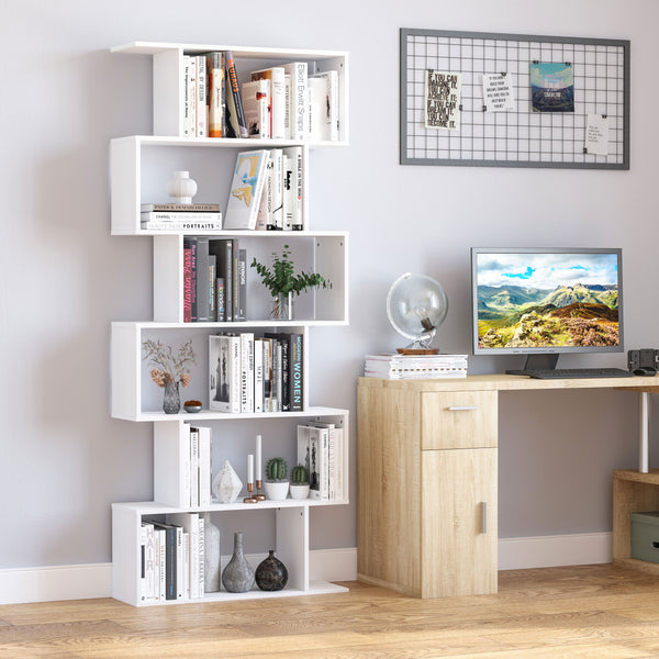 Bibliothèque géométrique en bois à 6 niveaux 76 pouces, blanc