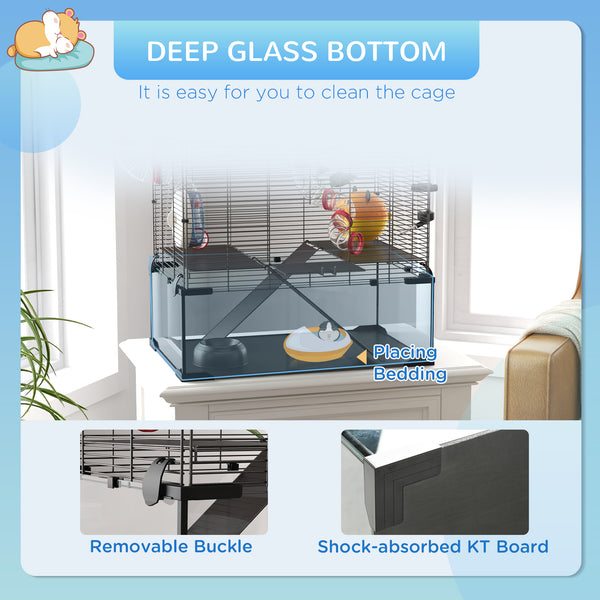 Cage avec fond en verre profond, système de tunnels, plateformes et niche