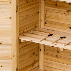 Wooden garden shed with interior shelf and double door, natural color