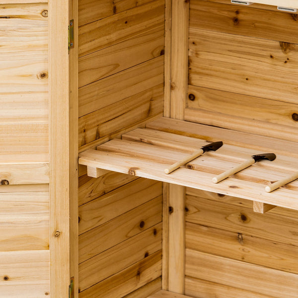 Wooden garden shed with interior shelf and double door, natural color