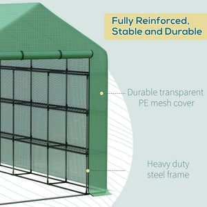 Portable greenhouse with 18 shelves and roll-up door