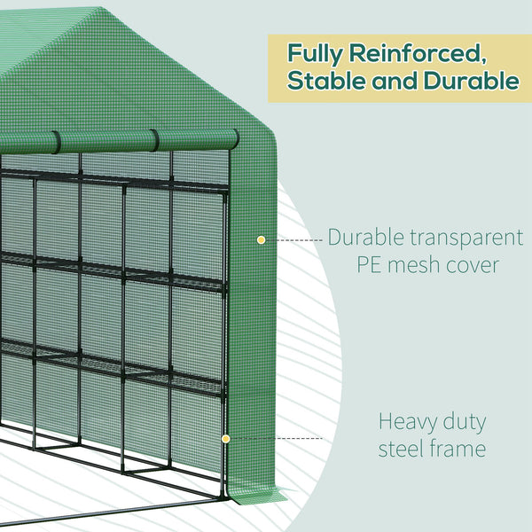 Portable greenhouse with 18 shelves and roll-up door