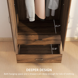 Armoire penderie avec tringle de suspension et 2 portes avec 2 tiroirs, noyer