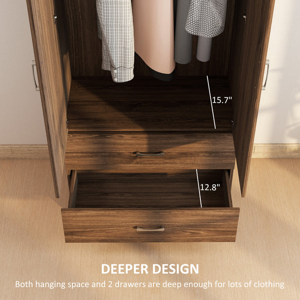 Armoire penderie avec tringle de suspension et 2 portes avec 2 tiroirs, noyer