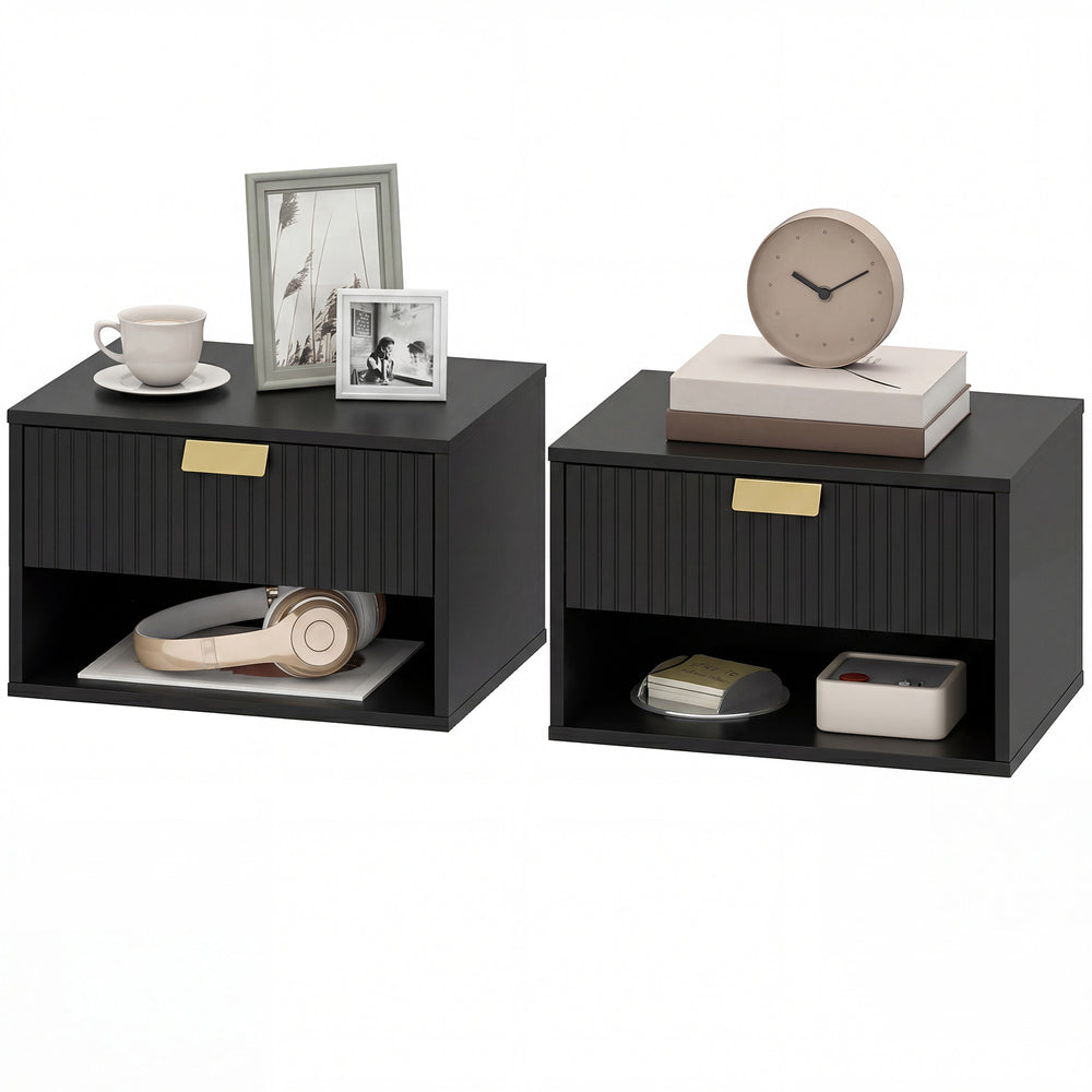 Ensemble de 2 tables de chevet murales flottantes avec tiroir cannelé et étagère ouverte, noir