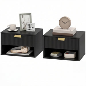 Ensemble de 2 tables de chevet murales flottantes avec tiroir cannelé et étagère ouverte, noir