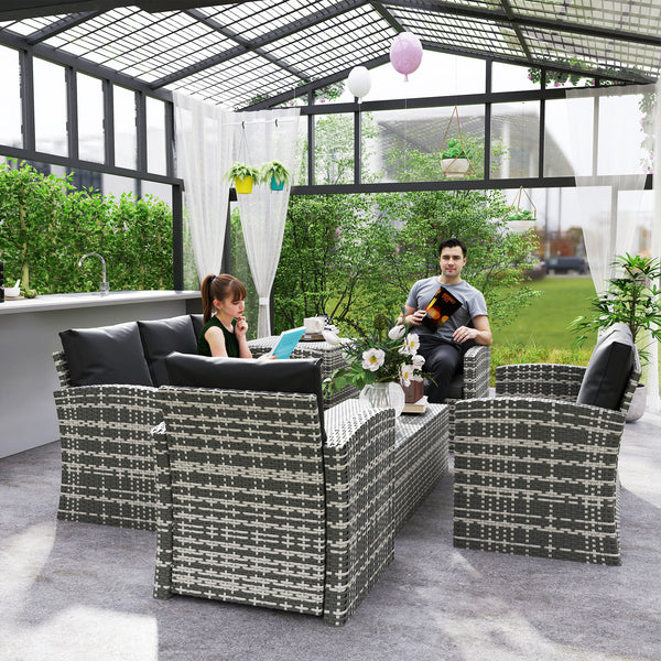 Ensemble de meubles de jardin 6 pièces en osier avec coussins, table basse et table d'appoint, noir