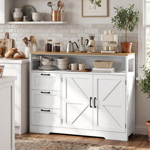 Buffet style champêtre avec station de recharge, 3 tiroirs et rangement ajustable, blanc
