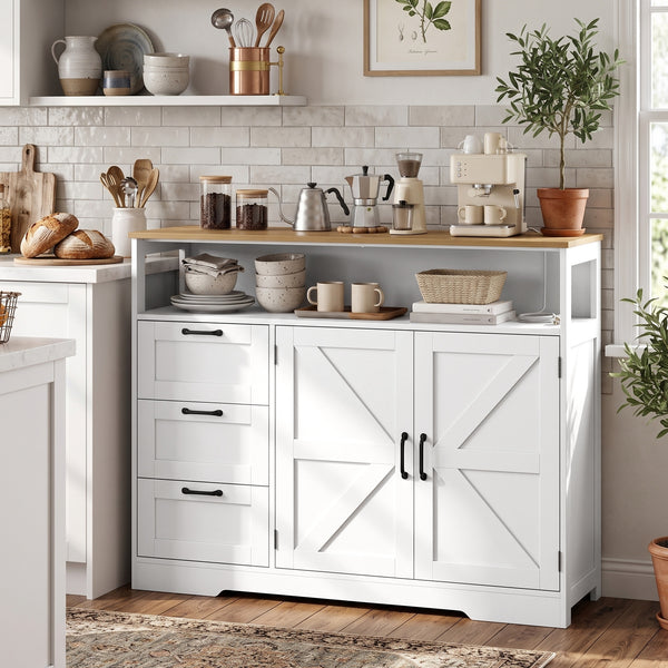 Buffet style champêtre avec station de recharge, 3 tiroirs et rangement ajustable, blanc