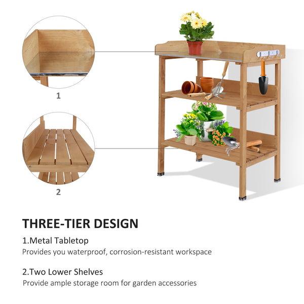 Wooden garden table with storage shelf for tools and hooks