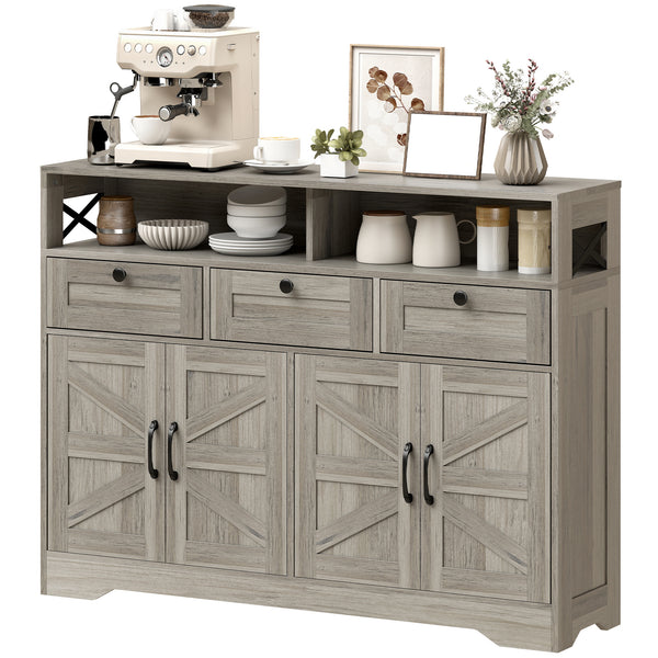 Buffet avec 4 portes coulissantes de style grange et 3 tiroirs, meuble bar à café avec étagères réglables, gris