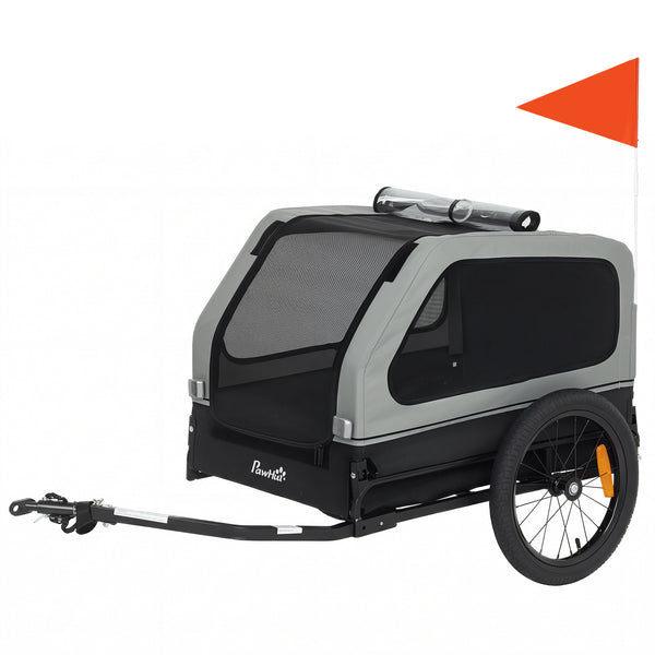 Dog bike trailer, suitable for small to medium-sized dogs up to 20 kg, with universal hitch and fold-down ramp tailgate, grey.