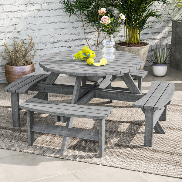 Table de pique-nique et banc rond en bois 8 places