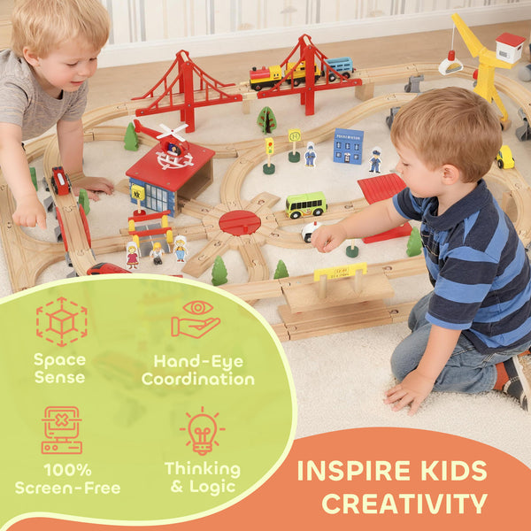 Qaba 133-piece wooden train set with tracks, battery-operated train, crane, bridge and accessories, for children aged 3 and up