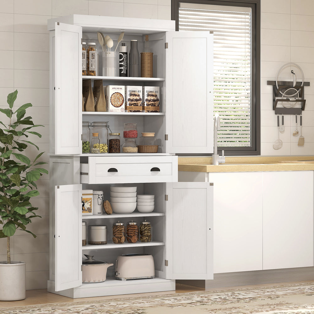 Armoire de cuisine haute avec tiroir et étagères réglables, blanche