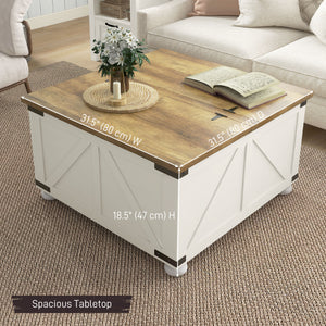 Table basse de style farmhouse avec couvercles rabattables, blanc antique