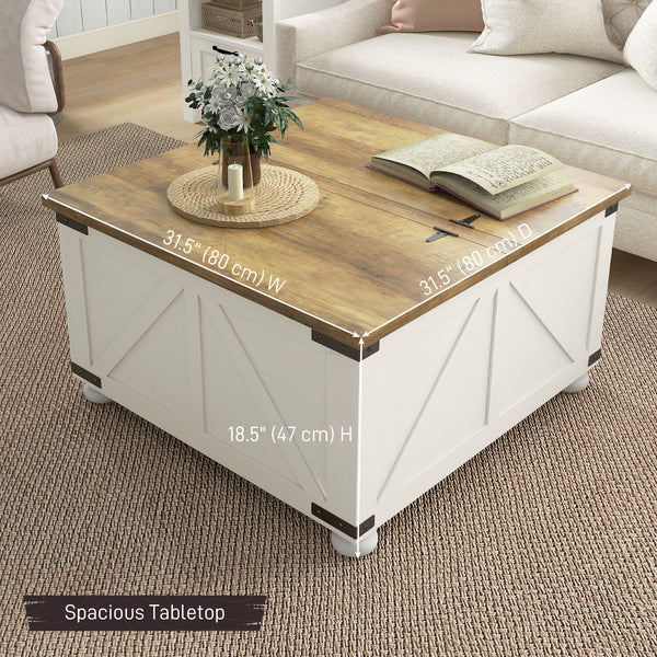 Table basse de style farmhouse avec couvercles rabattables, blanc antique