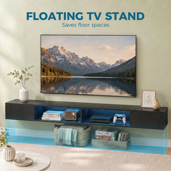 Meuble TV avec lumières LED RVB, centre de divertissement avec étagères ouvertes pour téléviseur de 75 pouces, grain de bois noir