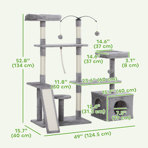 Cat tree with scratching posts, niche, beds, platforms and play balls, light grey