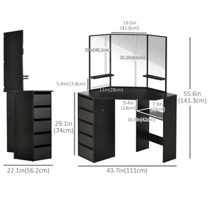 Coiffeuse d'angle avec 5 tiroirs et étagères ouvertes, miroir 3 pièces, noire