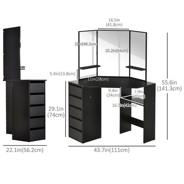 Coiffeuse d'angle avec 5 tiroirs et étagères ouvertes, miroir 3 pièces, noire
