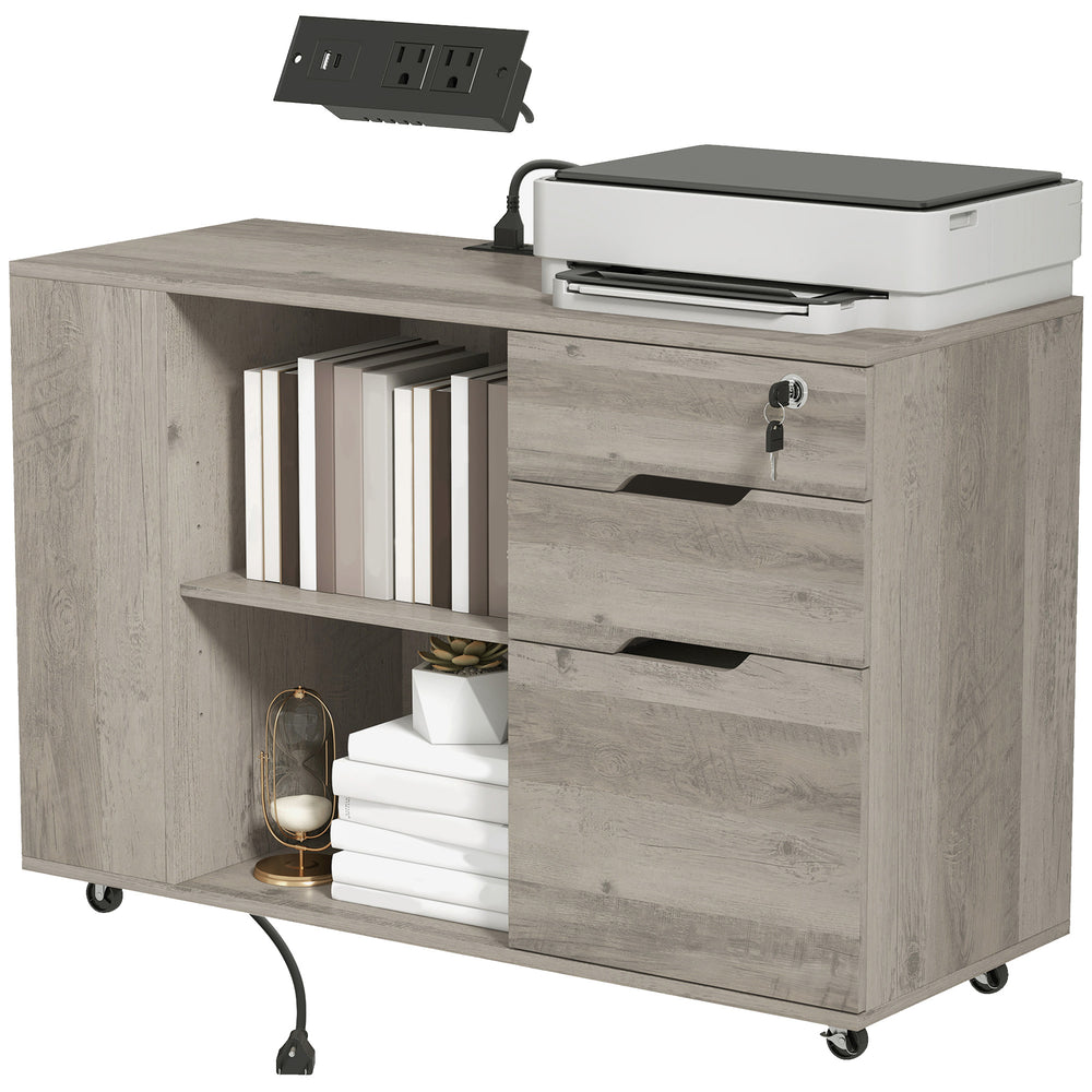 Classeur mobile avec station de recharge, 3 tiroirs et rangement pour dossiers, gris clair