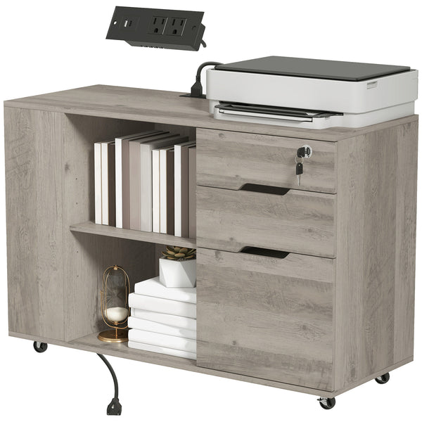 Filing Cabinet with Power Outlets File Cabinet Lockable Casters File Drawer Side Cubbies Light Grey Brown