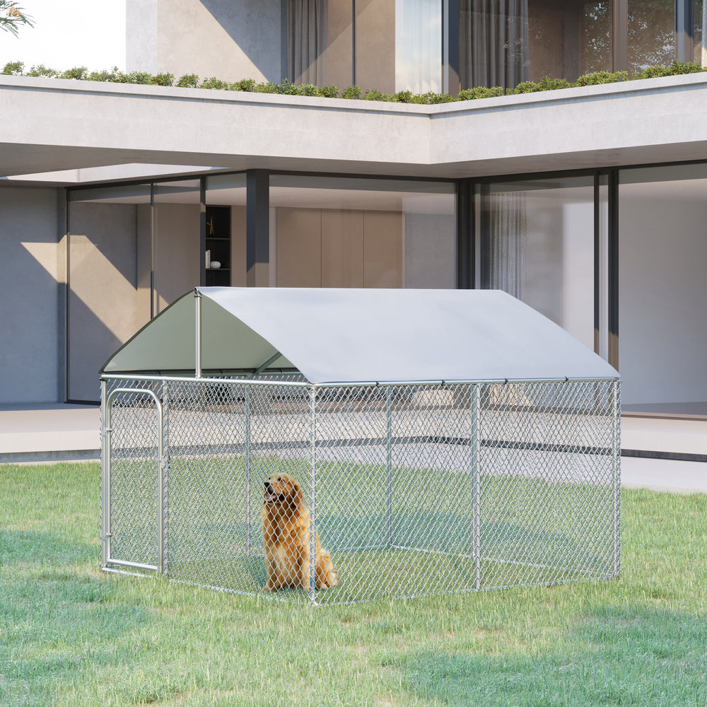 PawHut Dog Kennel Outdoor Run Fence with Roof, Steel Lock, Mesh Sidewalls for Backyard &amp; Patio, 7.5' x 7.5' x 5.7', Silver |