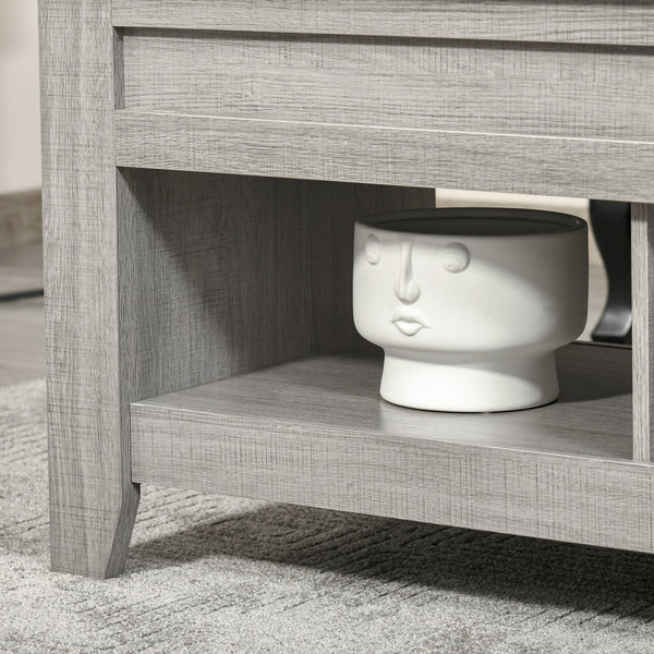 Table basse relevable avec compartiment de rangement dissimulé, gris clair