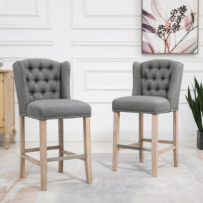 Lot de 2 tabourets de bar rembourrés, avec dossier clouté et repose-pieds, gris