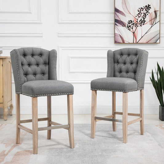 Lot de 2 tabourets de bar rembourrés, avec dossier clouté et repose-pieds, gris