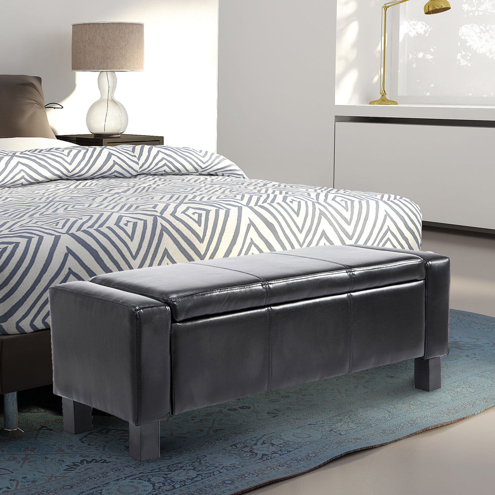 Banc ottoman de rangement rembourré en similicuir de luxe, noir