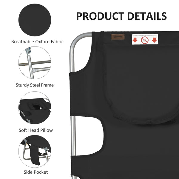 Folding Outdoor Lounge Chair, 5-Level Tanning Chair with Face Hole, Side Pocket, Carry Strap for Beach Pool, Black