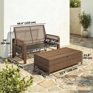 Double patio lounge chairs with cushions, PE wicker, adjustable backrest and side tables, brown/cream