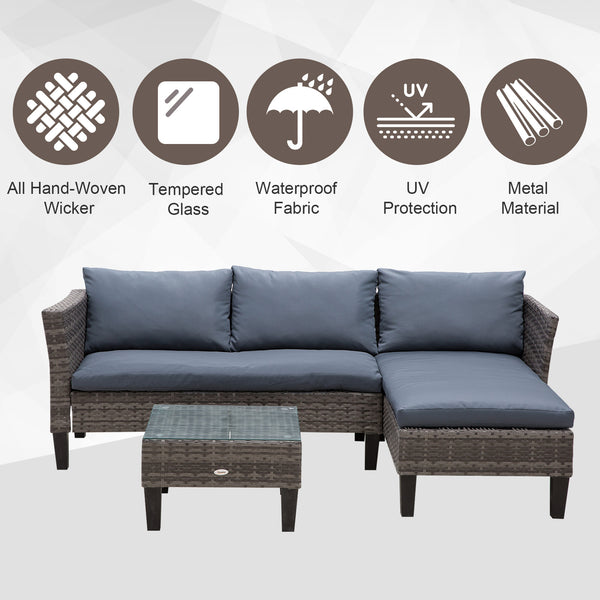 Ensemble de mobilier 3 pièces en résine tressée, table avec plateau en verre, gris