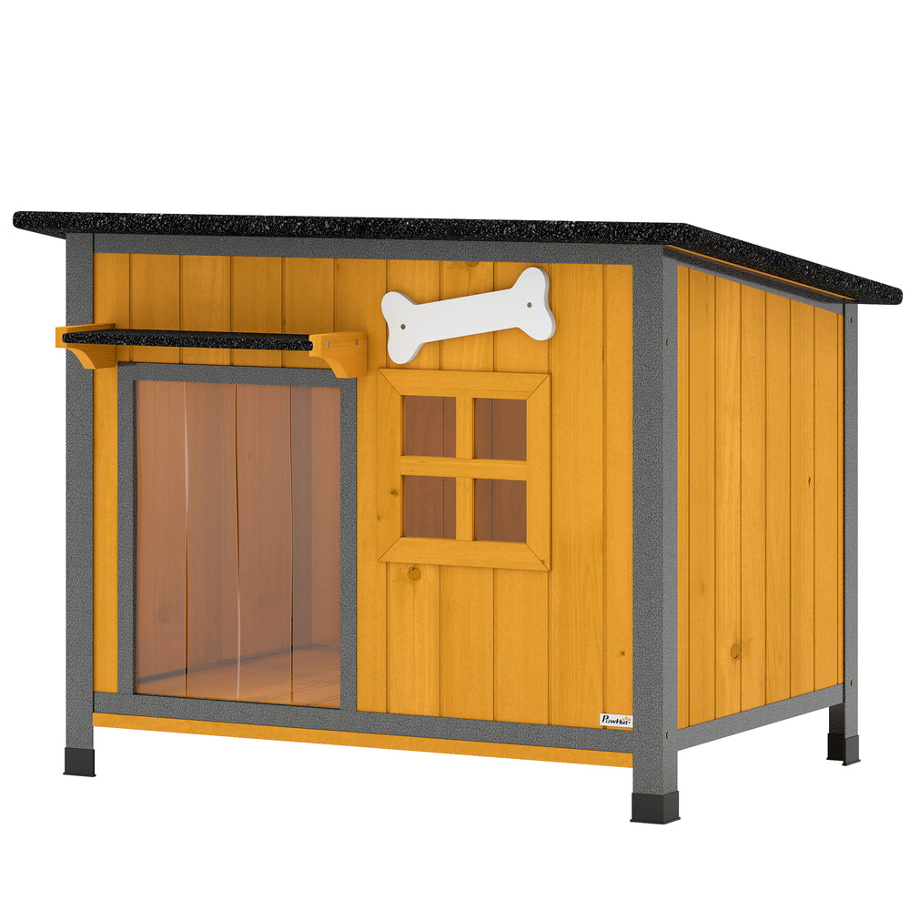 Outdoor Dog House with Anti-Chewing Steel Frame, Openable Roof, Removable Floor, Door Curtain, Yellow
