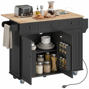 Îlot de cuisine mobile avec abattant, rangement et station de recharge – Noir et chêne