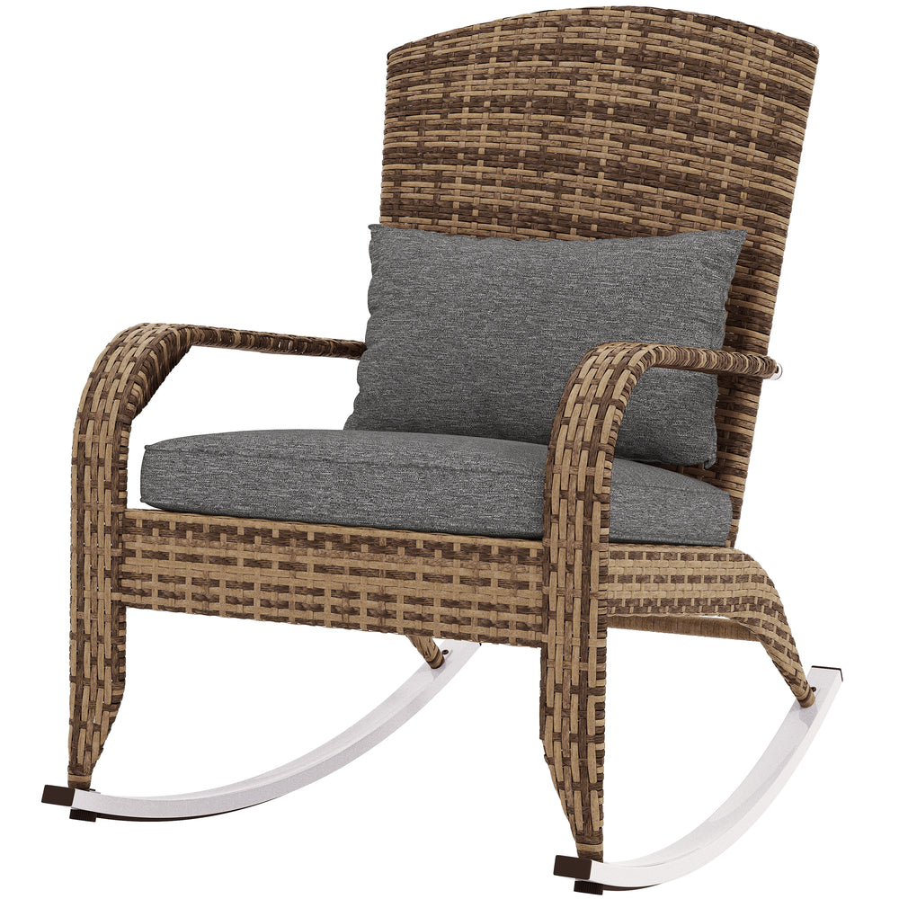 Adirondack Chair, Outdoor Wicker Rocking Chair with High Back, Seat Cushion and Pillow for Porch, Balcony, Grey/Yellow
