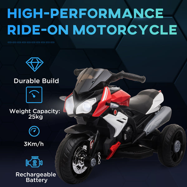 Moto électrique 6 V avec 3 roues, musique, klaxon, lumières, rouge