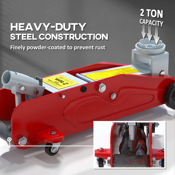 Extra-flat hydraulic jack, lifting height 12 to 30 cm, 2-ton capacity, red