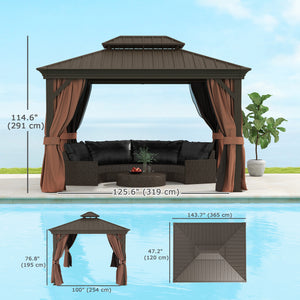 Gazebo 10' x 12' à toit rigide avec auvent galvanisé et parois latérales en filet pour pelouse et jardin, marron foncé
