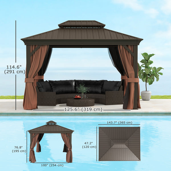 Gazebo 10' x 12' à toit rigide avec auvent galvanisé et parois latérales en filet pour pelouse et jardin, marron foncé