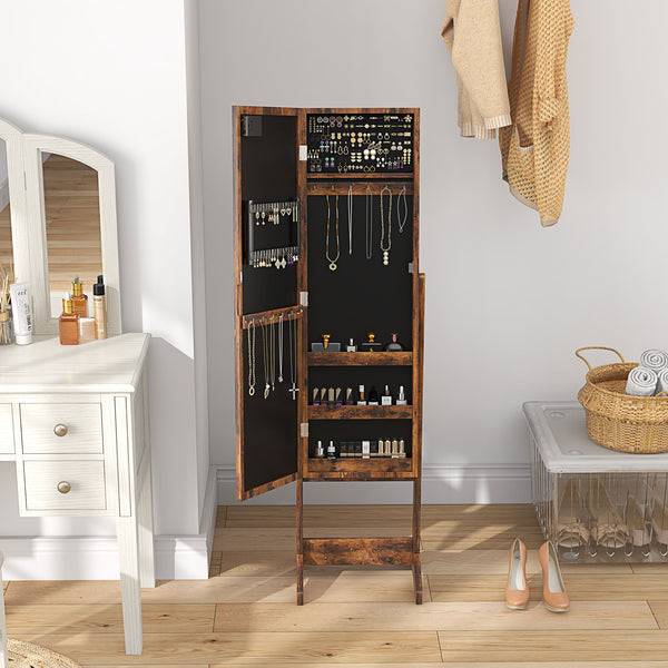 Armoire à bijoux autoportante avec miroir éclairé, angle réglable et 16 LED, couleur marron rustique
