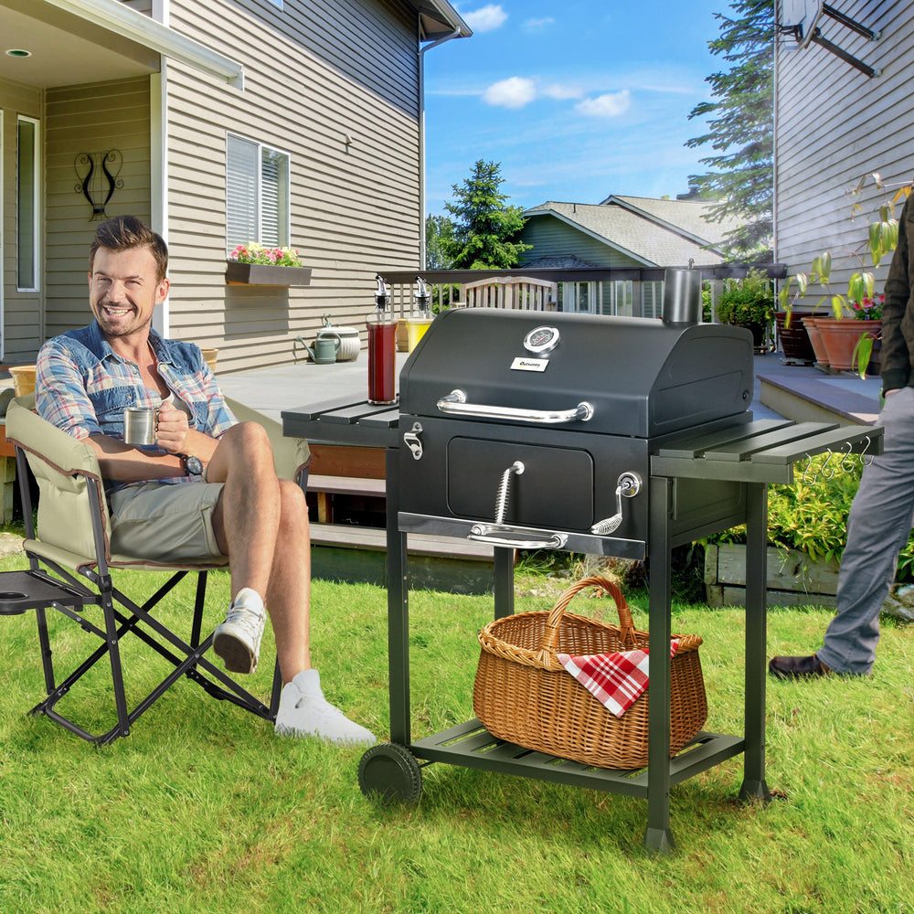 Charcoal BBQ Grill Smoker with Adjustable Charcoal Pan and Galvanised Steel Shell, Barbecue Grill Trolley with Storage