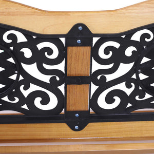 Two-seater outdoor garden bench, wooden and metal frame with a backrest adorned with plastic patterns, natural wood