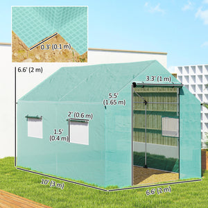 UV and wind resistant tunnel greenhouse with mesh door and windows, green