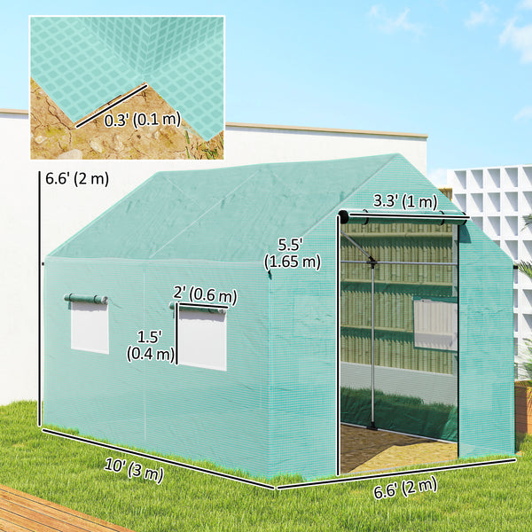 UV and wind resistant tunnel greenhouse with mesh door and windows, green