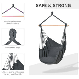 Hamac suspendu en macramé de coton avec deux coussins moelleux, gris foncé