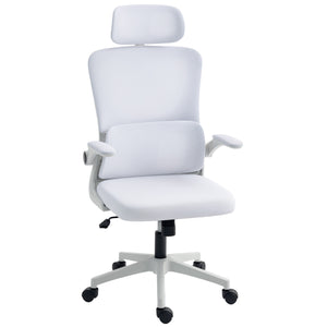 High-back mesh office chair with swivel headrest, cream white