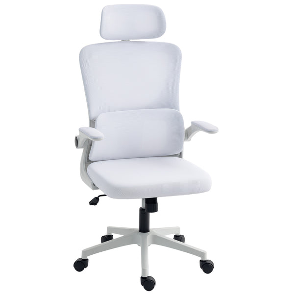 High-back mesh office chair with swivel headrest, cream white